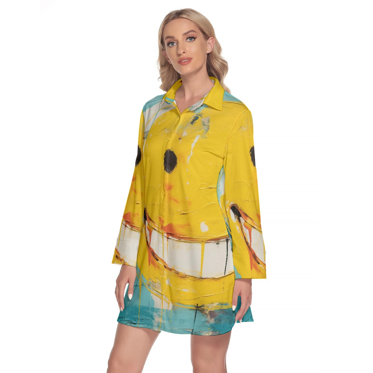 All-Over Print Women's Lapel Shirt Dress With Long Sleeve