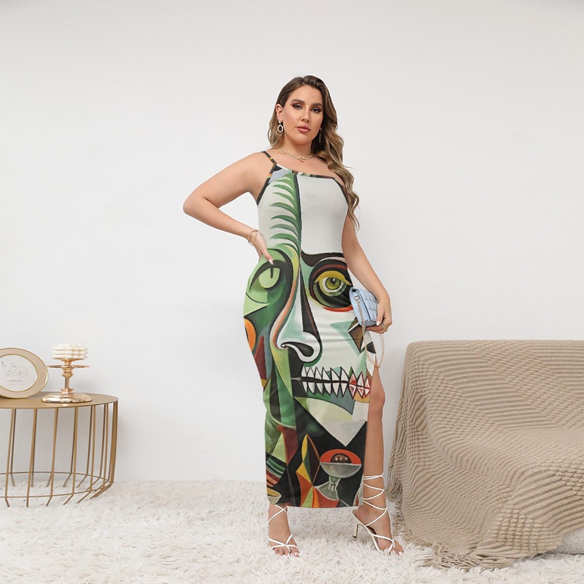 All-Over Print Women's Oblique-Shoulder Exposure Dress With Side Split (Plus Size)