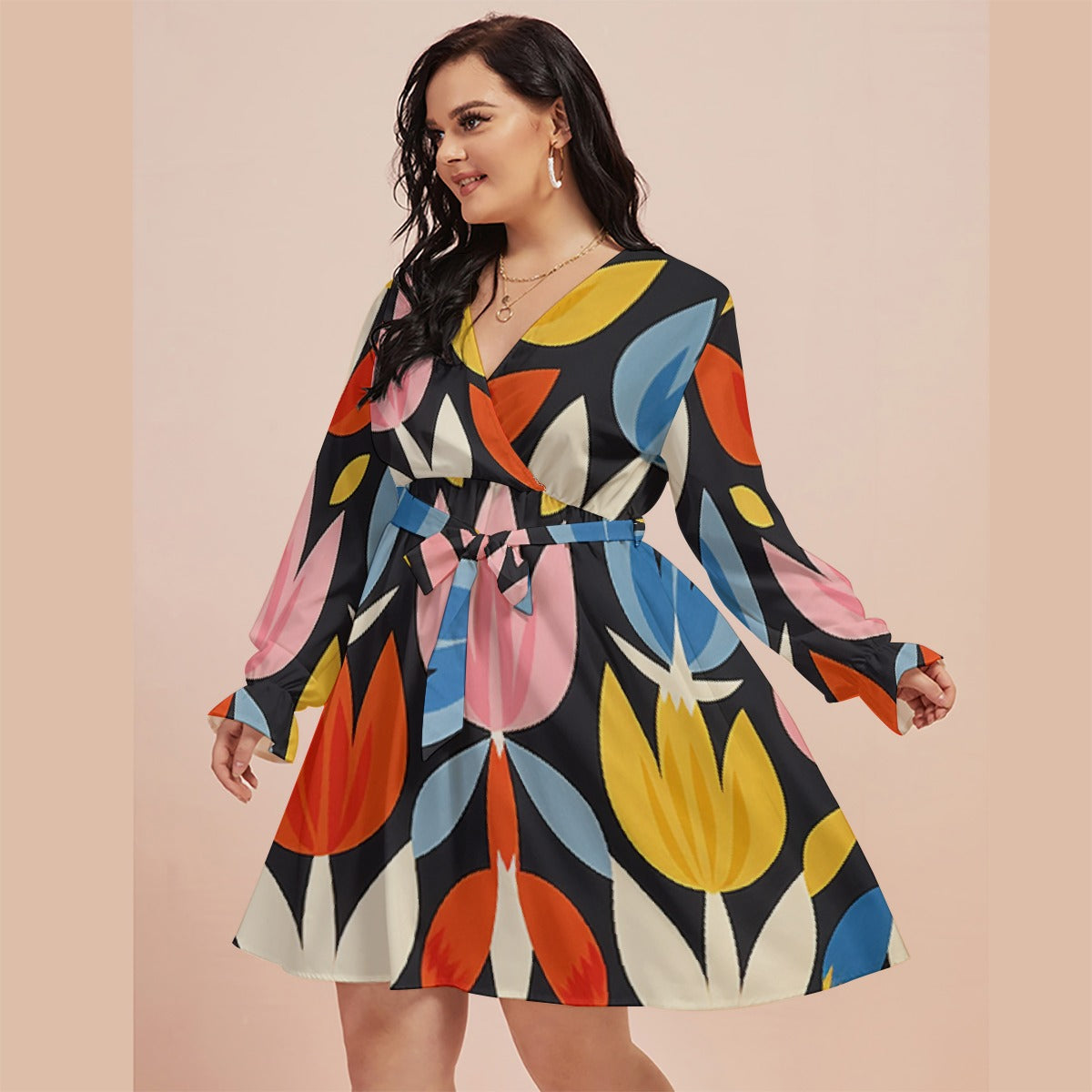 All-Over Print Women's V-neck Dress With Waistband(Plus Size)