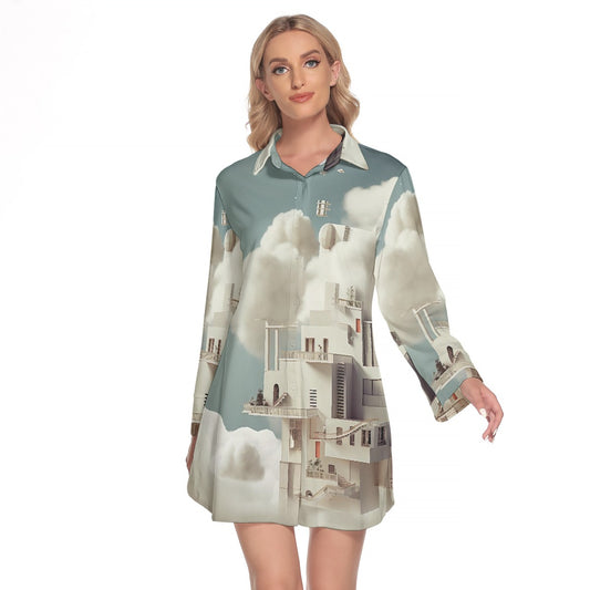 All-Over Print Women's Lapel Shirt Dress With Long Sleeve