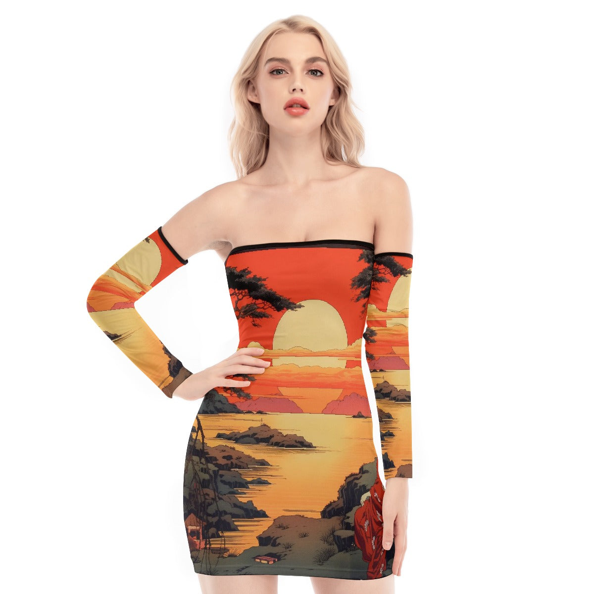 All-Over Print Women's Off-shoulder Back Lace-up Dress