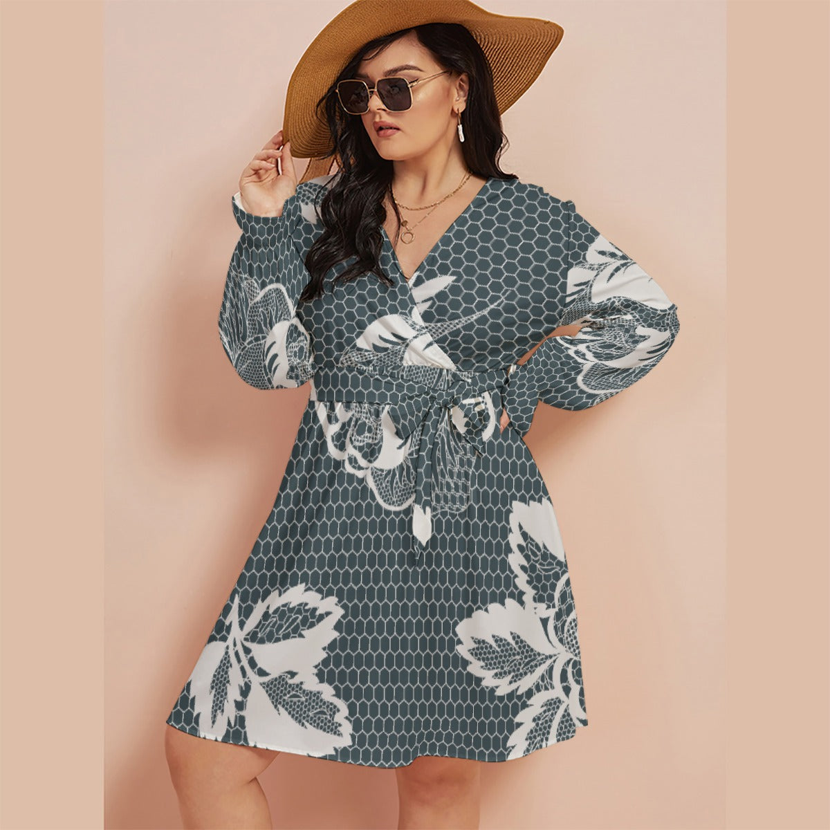 All-Over Print Women's V-neck Dress With Waistband(Plus Size)