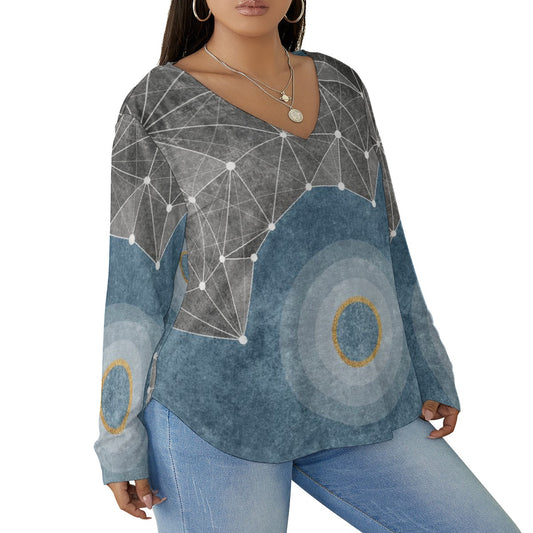 All-Over Print Women's V-neck T-shirt With Curved Hem(Plus Size)