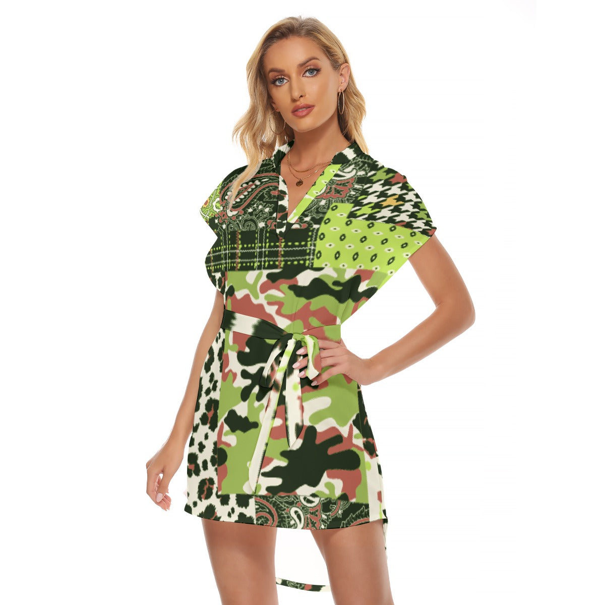 All-Over Print Women's Stand-up Collar Casual Dress With Belt