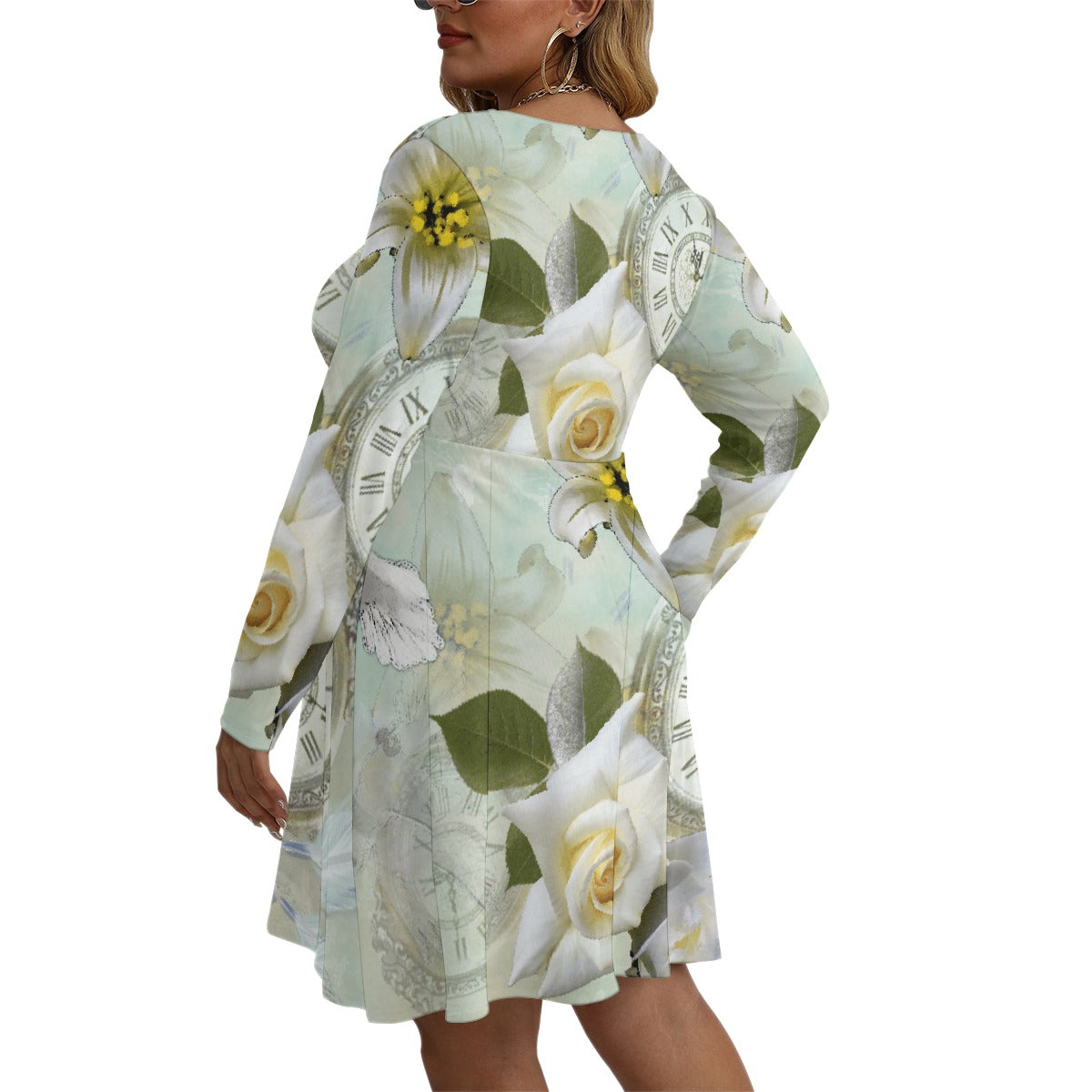 All-Over Print Women's V-neck Long Sleeve Dress(Plus Size)