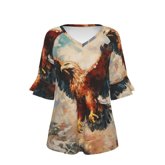 All-Over Print V-neck Women's T-shirt With Bell Sleeve