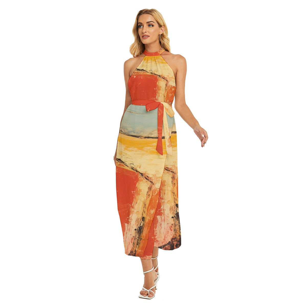 All-Over Print Women's Wrap Hem Belted Halter Dress