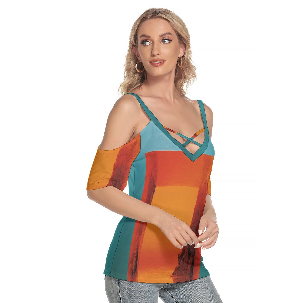 All-Over Print Women's Cold Shoulder T-shirt With Criss Cross Strips