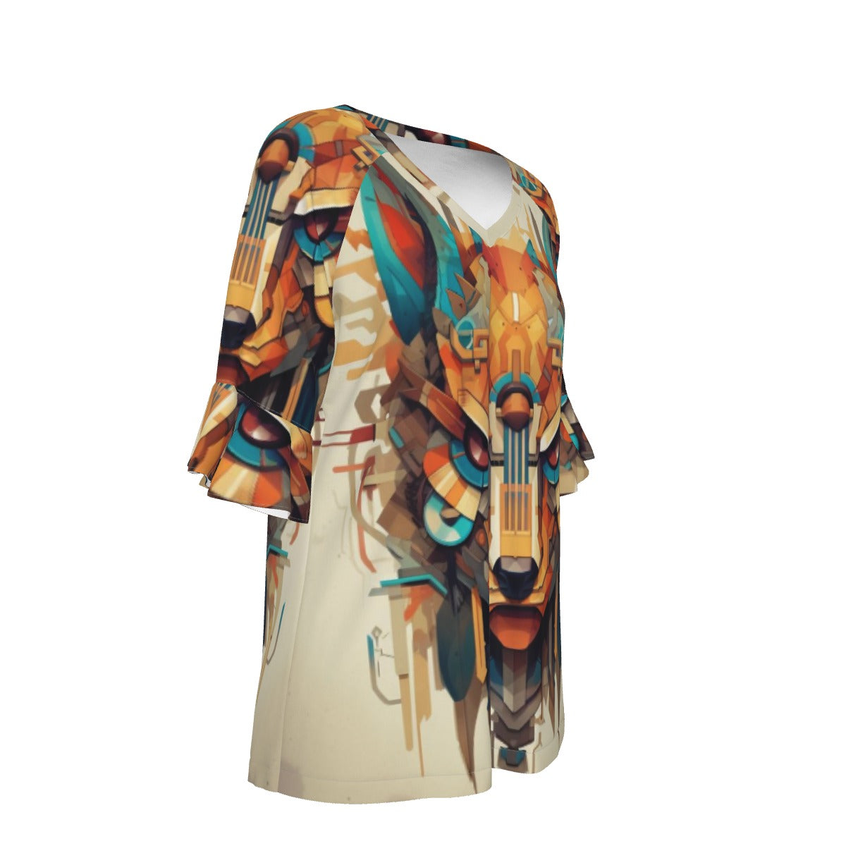 All-Over Print V-neck Women's T-shirt With Bell Sleeve