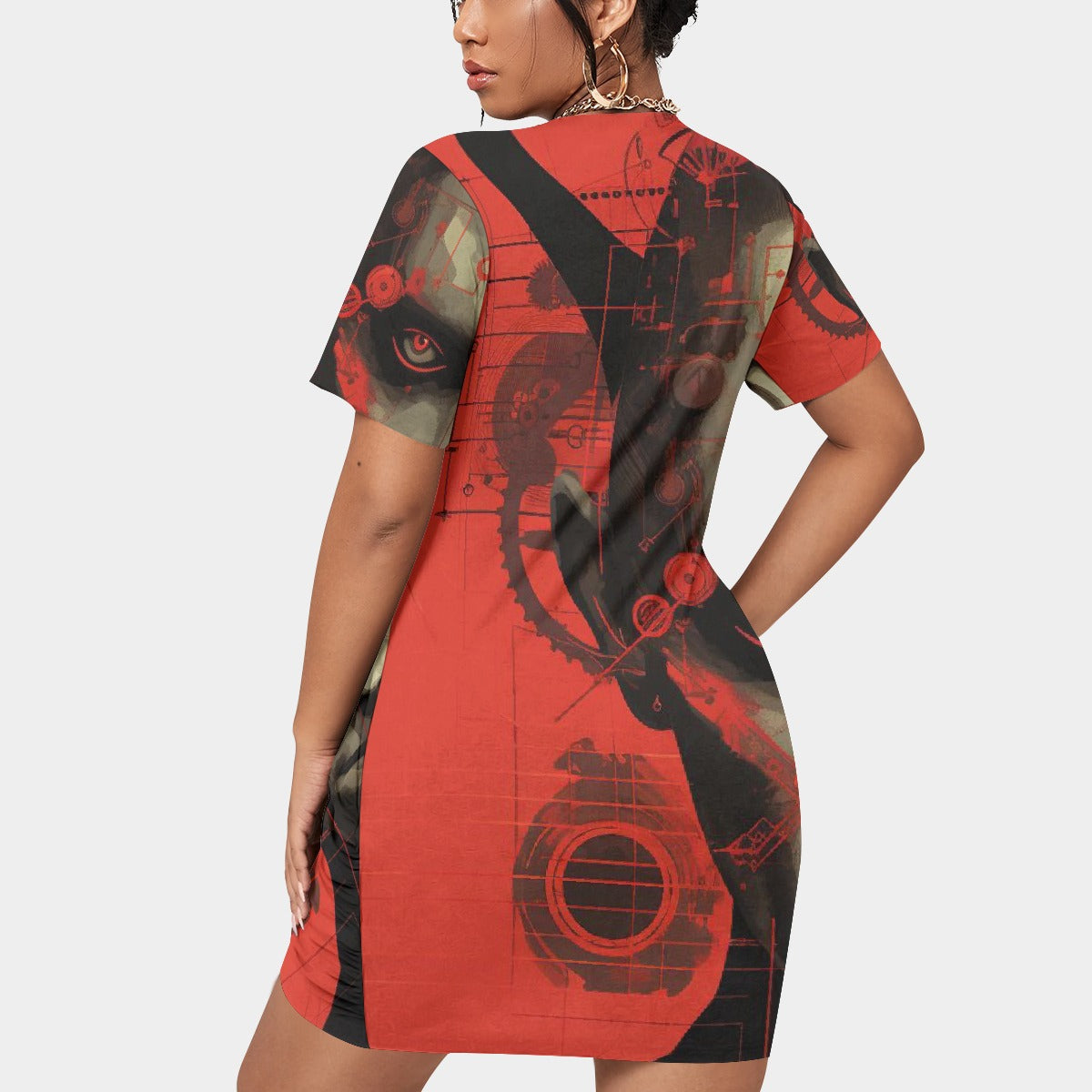 All-Over Print Women’s Stacked Hem Dress With Short Sleeve（Plus Size）