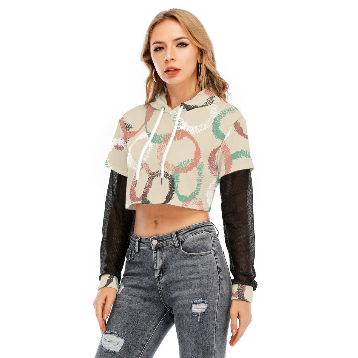 All-Over Print Women's Fake Two-piece Mesh Sleeve Cropped Hoodie