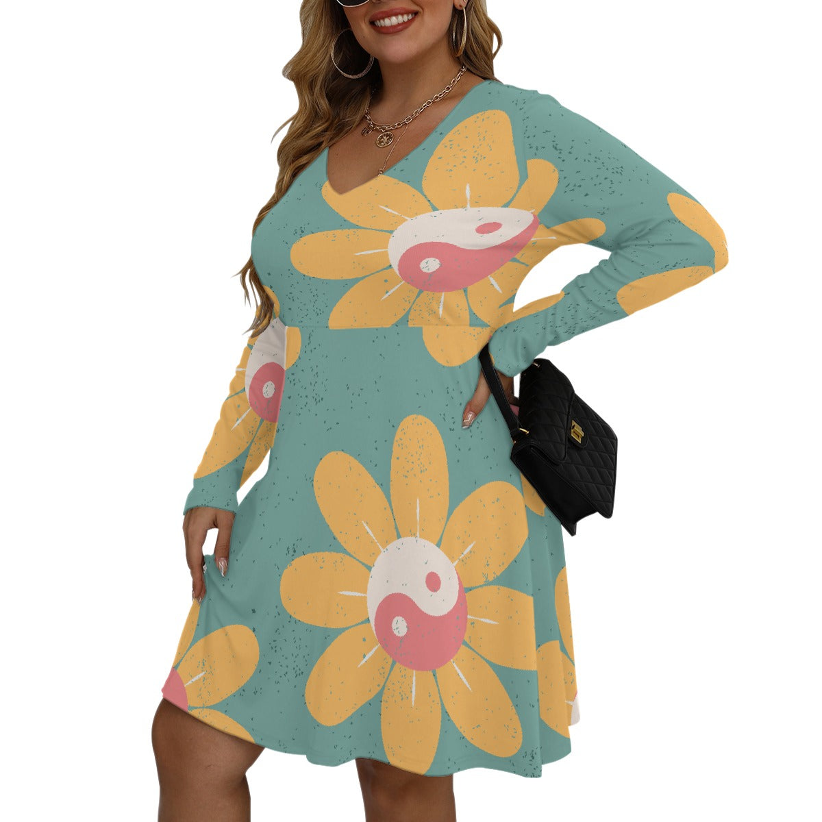 All-Over Print Women's V-neck Long Sleeve Dress(Plus Size)