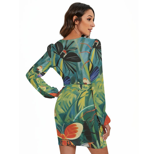 All-Over Print Women's Long Sleeve Dress With Waist Belt