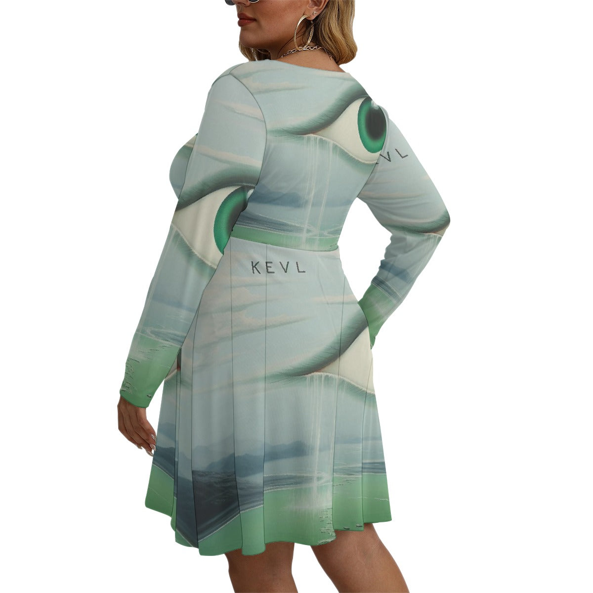 All-Over Print Women's V-neck Long Sleeve Dress(Plus Size)