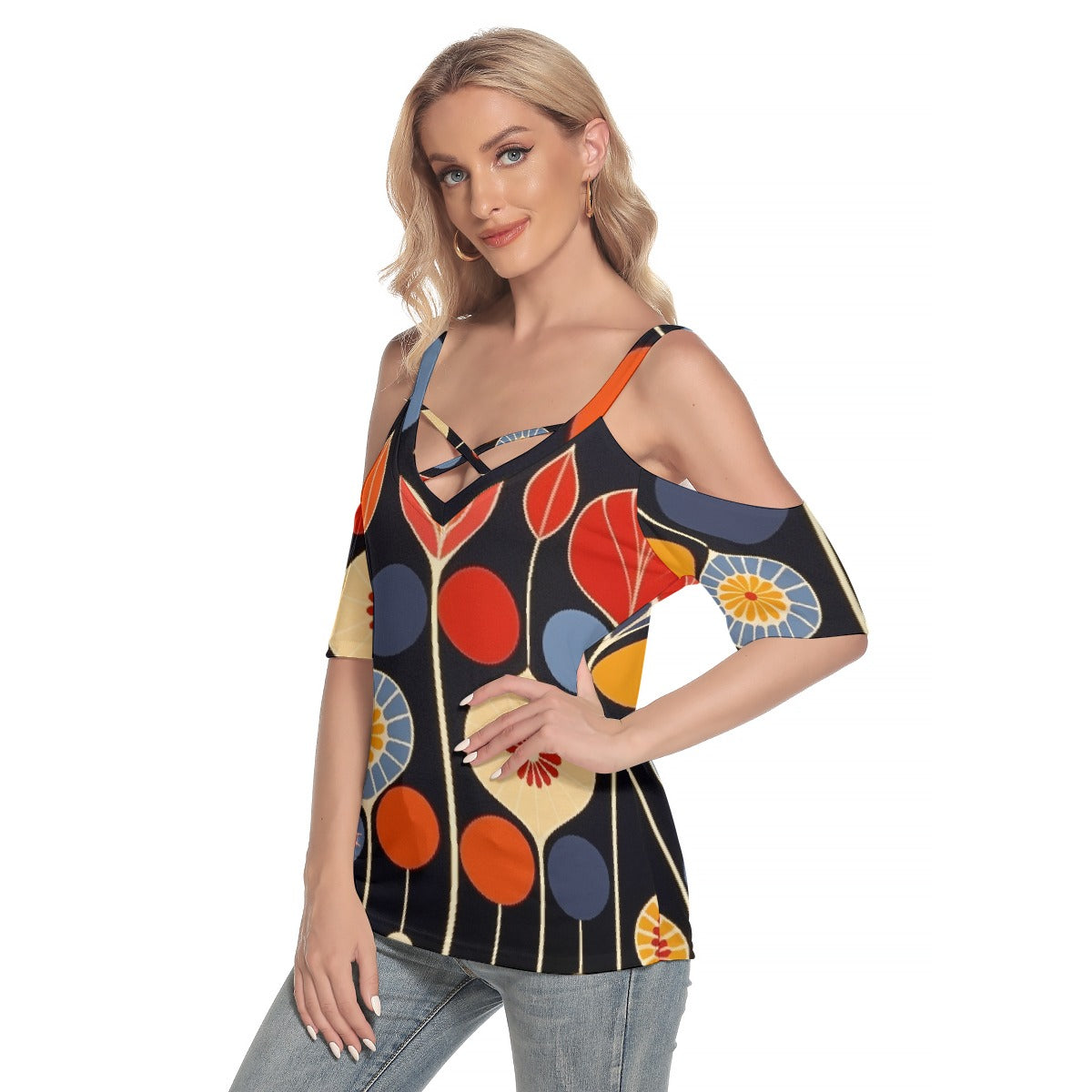 All-Over Print Women's Cold Shoulder T-shirt With Criss Cross Strips