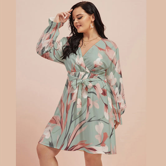 All-Over Print Women's V-neck Dress With Waistband(Plus Size)