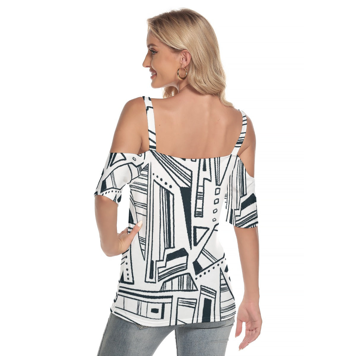 All-Over Print Women's Cold Shoulder T-shirt With Criss Cross Strips