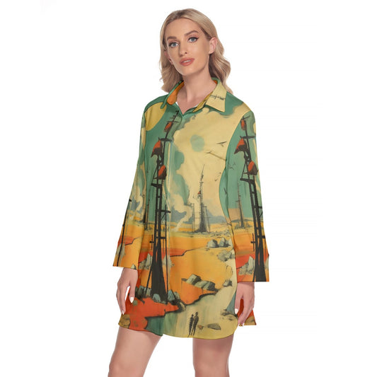 All-Over Print Women's Lapel Shirt Dress With Long Sleeve