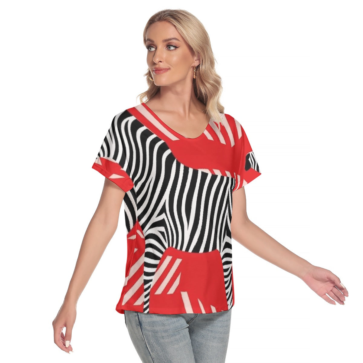 All-Over Print Women's Loose V-neck Short Sleeve T-shirt