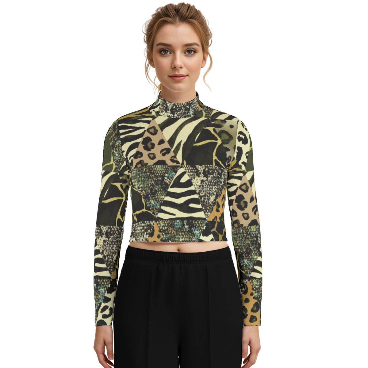 Eco-Friendly All-Over Print Women's Turtleneck T-shirt With Long Sleeve