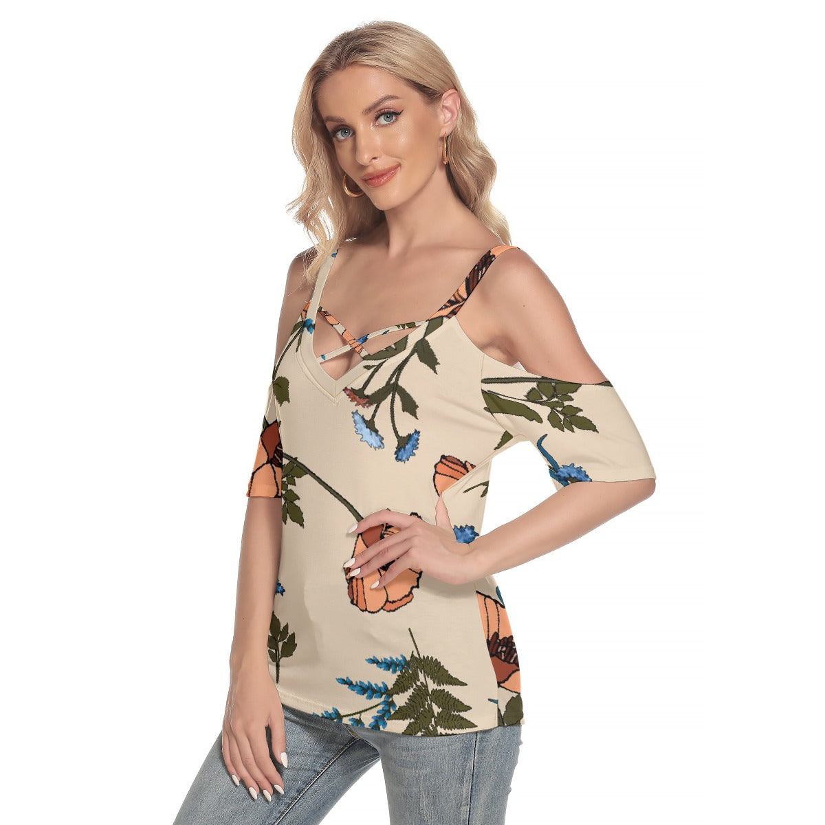 All-Over Print Women's Cold Shoulder T-shirt With Criss Cross Strips