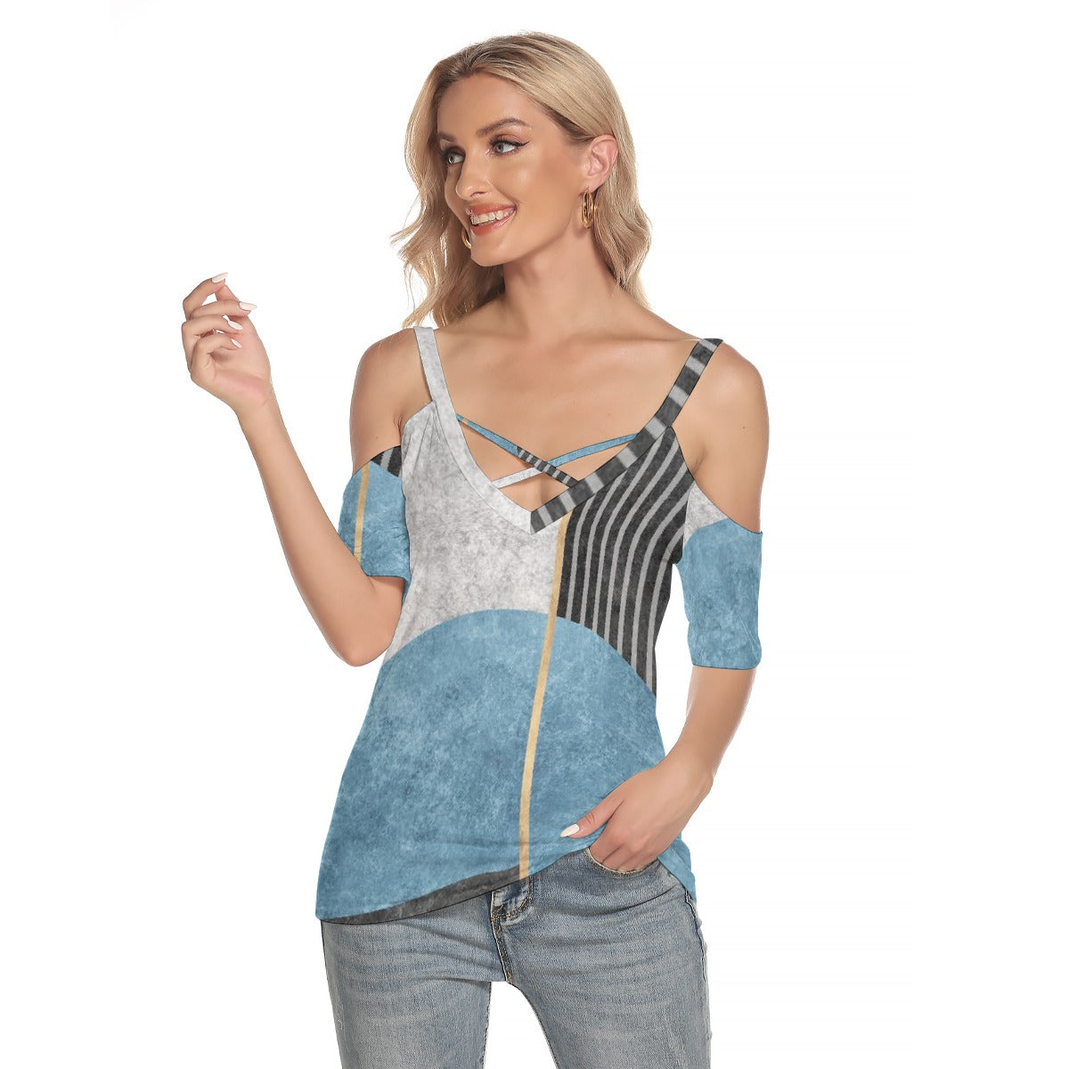 All-Over Print Women's Cold Shoulder T-shirt With Criss Cross Strips