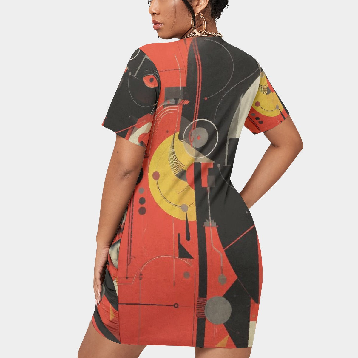 All-Over Print Women’s Stacked Hem Dress With Short Sleeve（Plus Size）