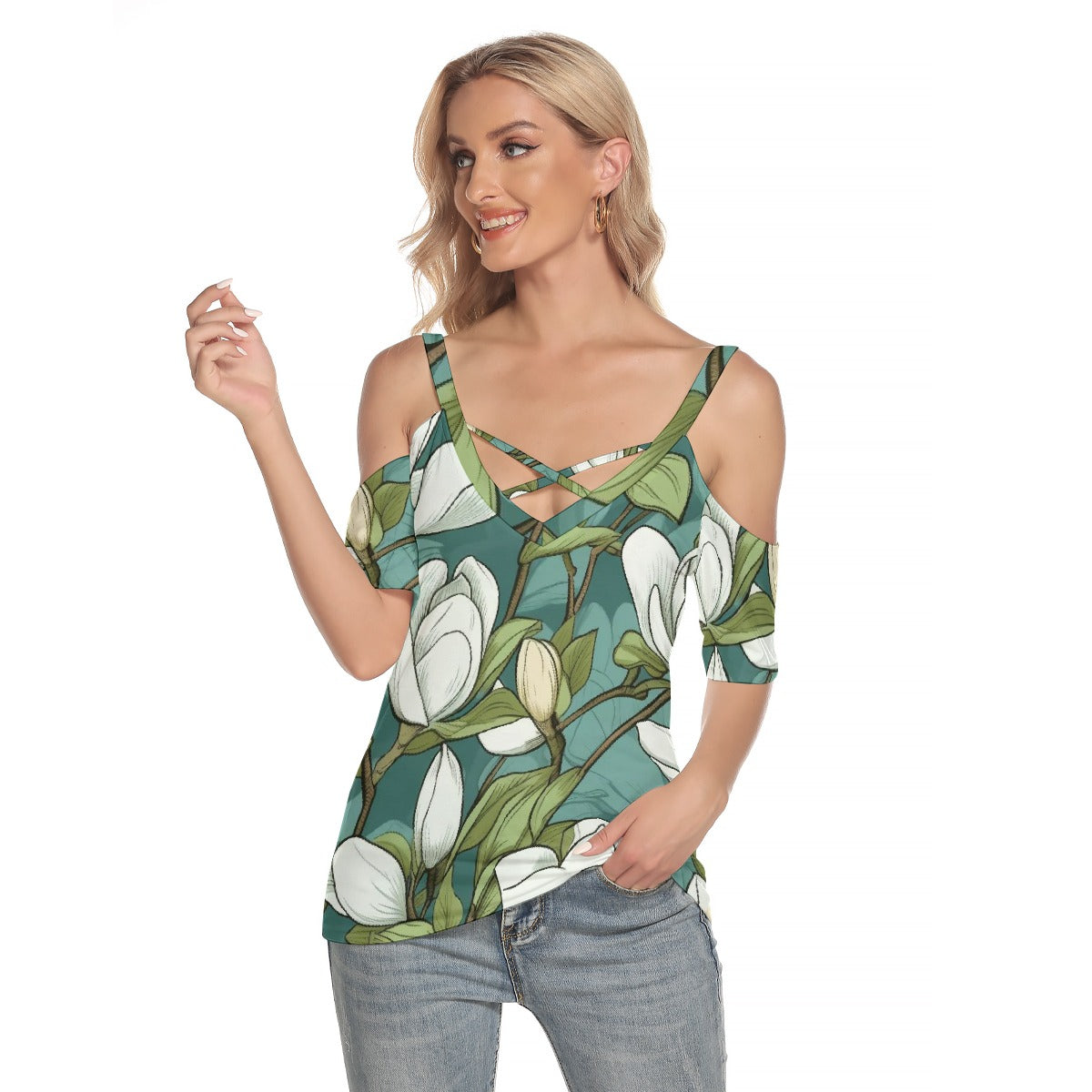 All-Over Print Women's Cold Shoulder T-shirt With Criss Cross Strips