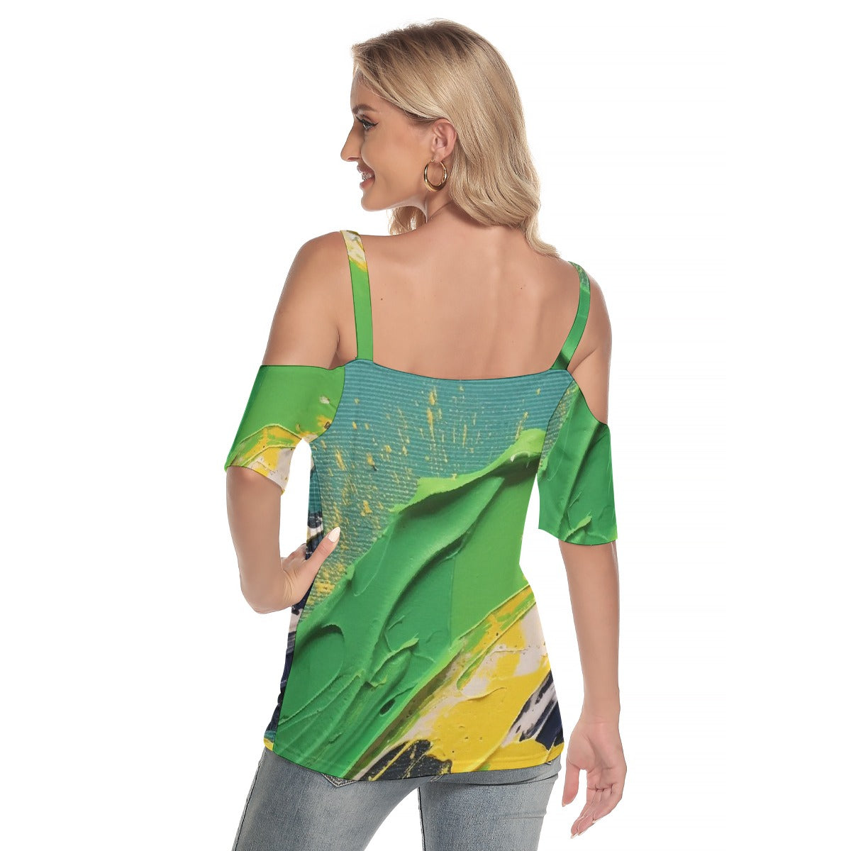 All-Over Print Women's Cold Shoulder T-shirt With Criss Cross Strips