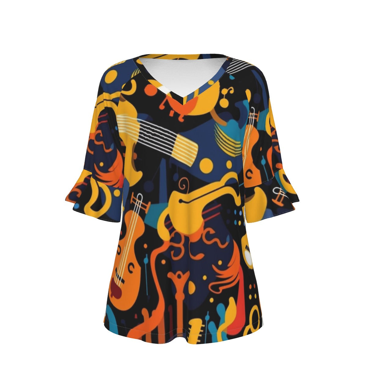 All-Over Print V-neck Women's T-shirt With Bell Sleeve