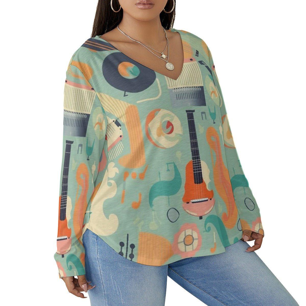 All-Over Print Women's V-neck T-shirt With Curved Hem(Plus Size)