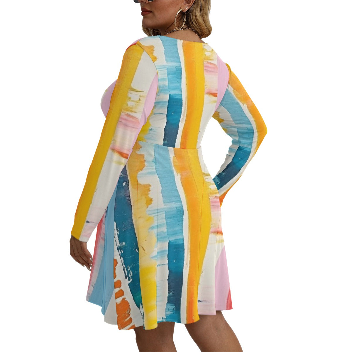 All-Over Print Women's V-neck Long Sleeve Dress(Plus Size)