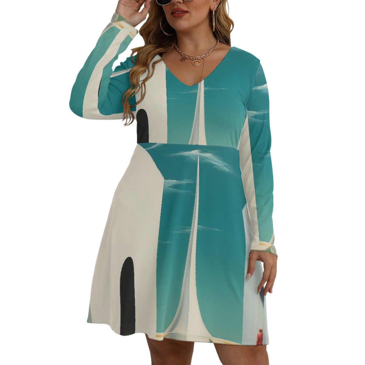 All-Over Print Women's V-neck Long Sleeve Dress(Plus Size)