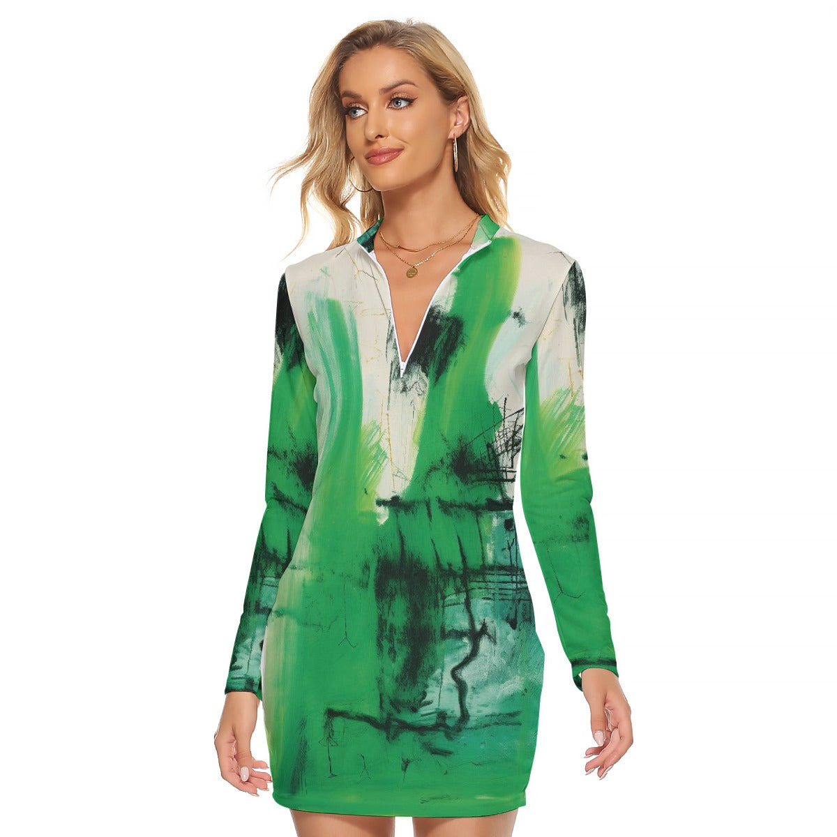 All-Over Print Women's Zip Front Tight Dress