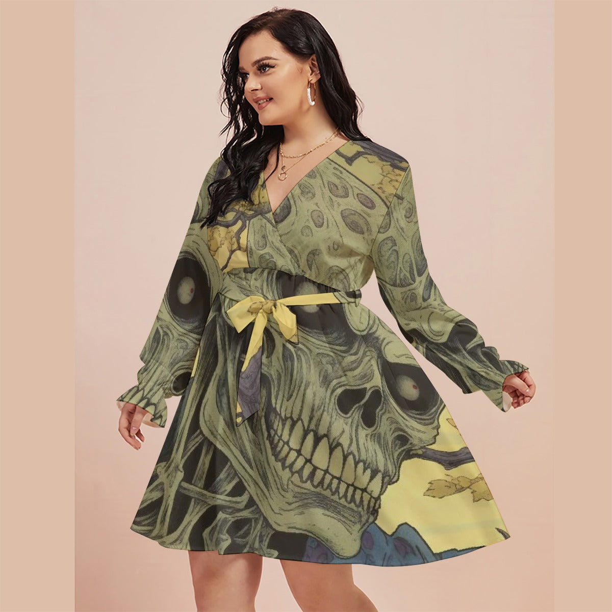 All-Over Print Women's V-neck Dress With Waistband(Plus Size)