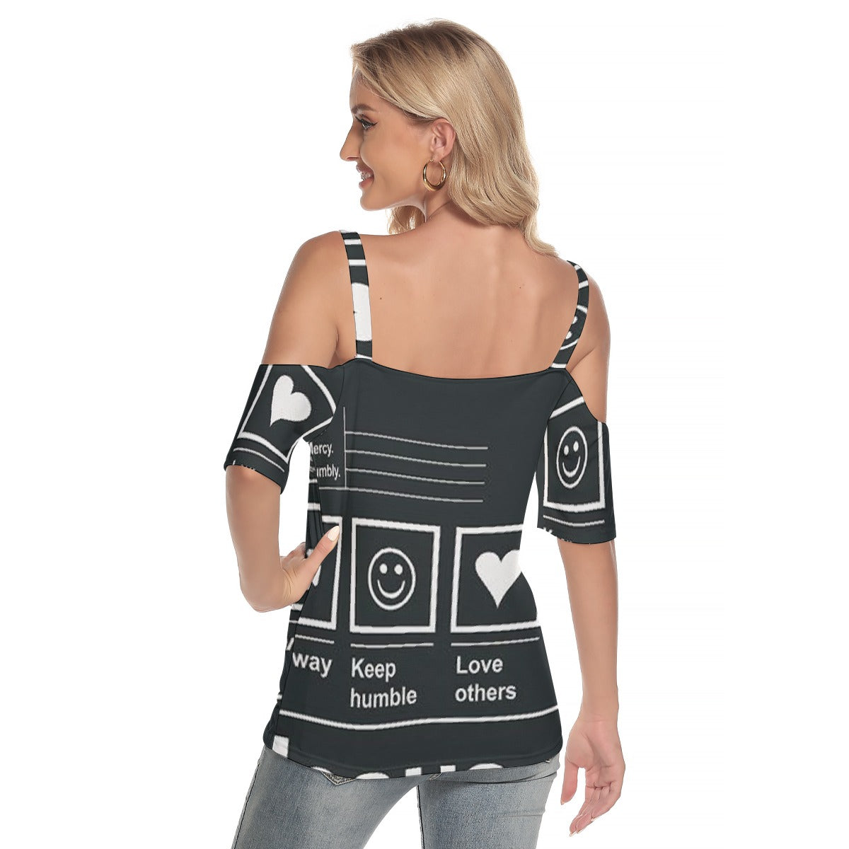 All-Over Print Women's Cold Shoulder T-shirt With Criss Cross Strips