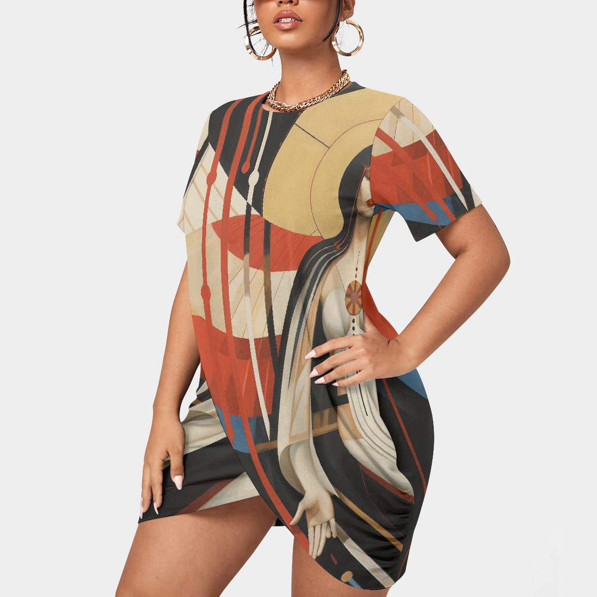 All-Over Print Women’s Stacked Hem Dress With Short Sleeve（Plus Size）