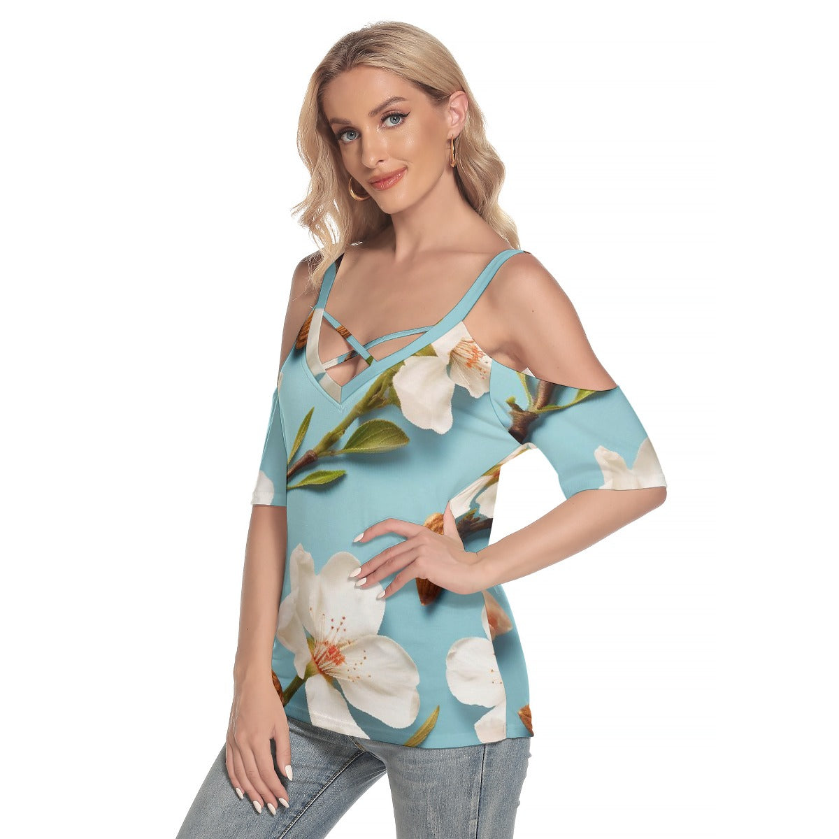 All-Over Print Women's Cold Shoulder T-shirt With Criss Cross Strips