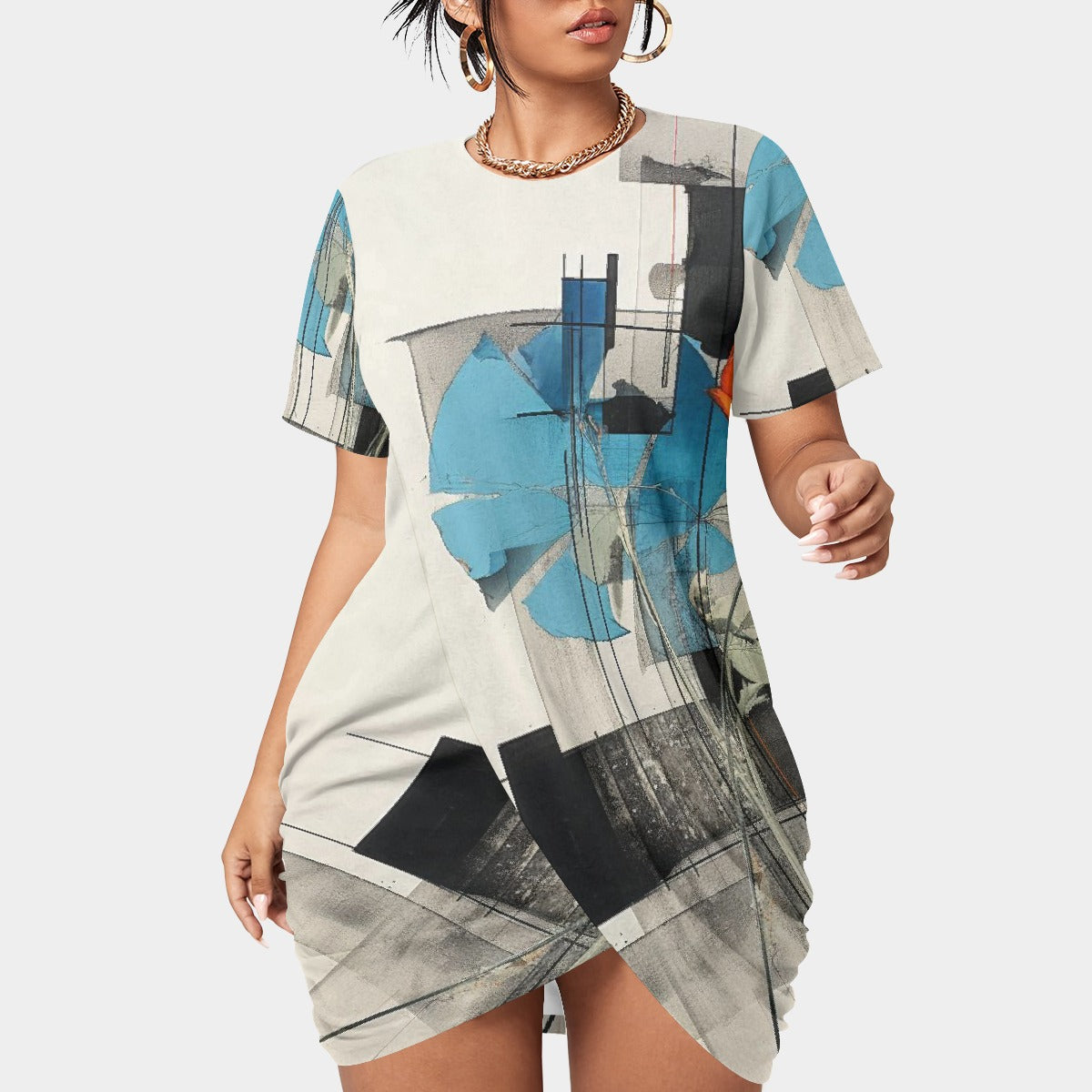 All-Over Print Women’s Stacked Hem Dress With Short Sleeve（Plus Size）