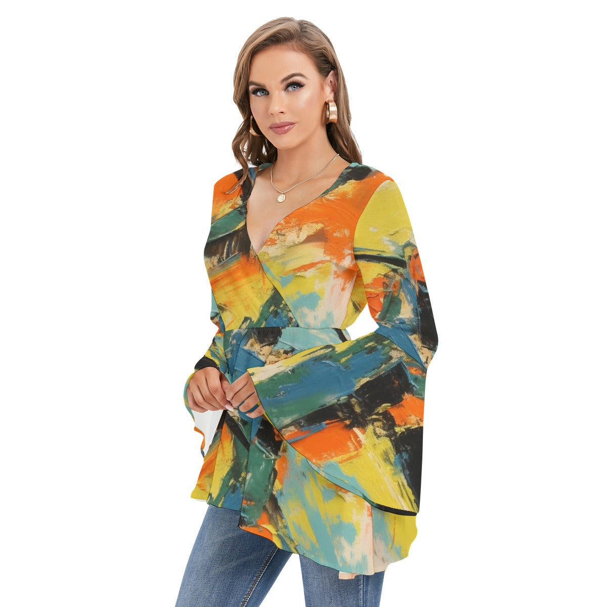 All-Over Print Women's V-neck Blouse With Flared Sleeves