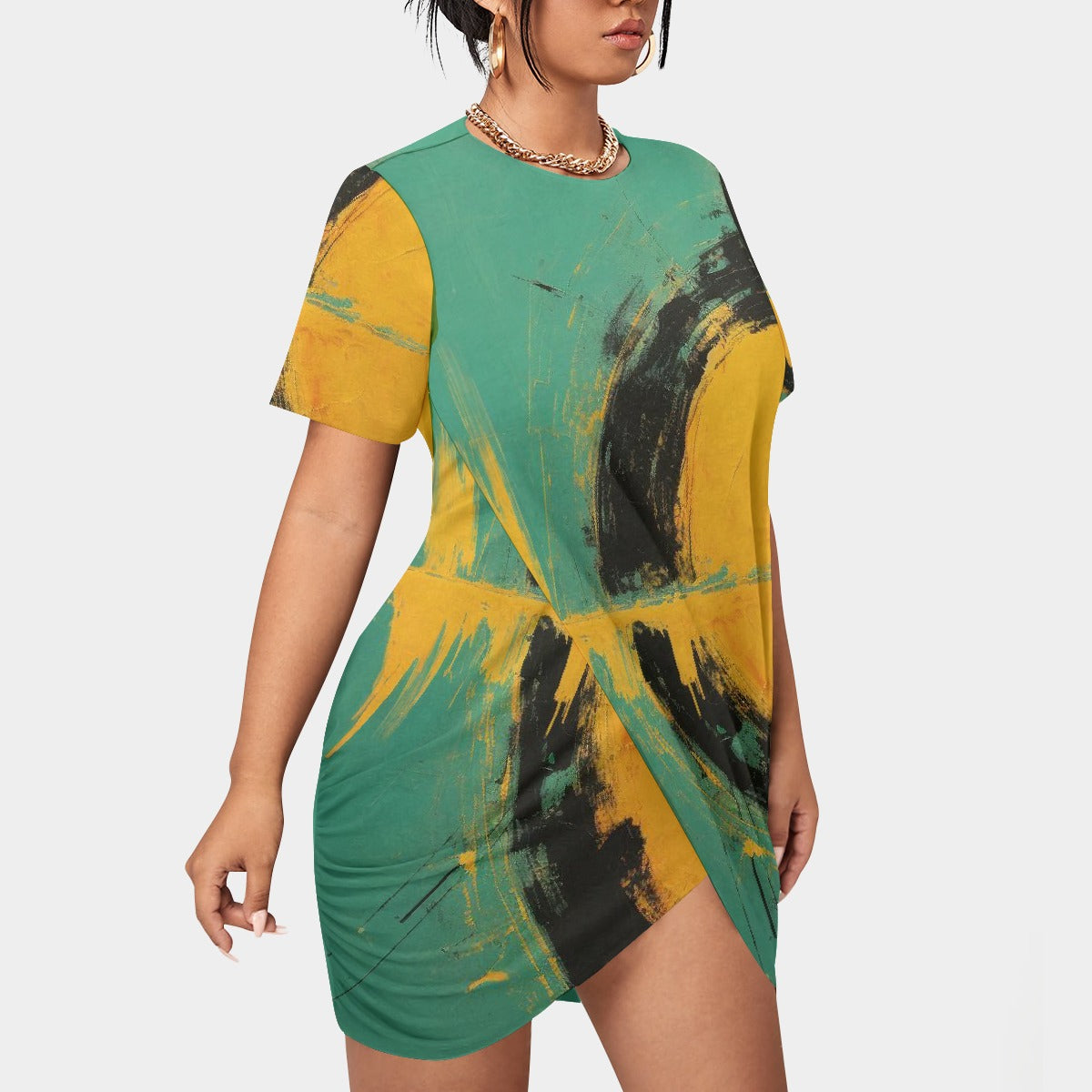 All-Over Print Women’s Stacked Hem Dress With Short Sleeve（Plus Size）