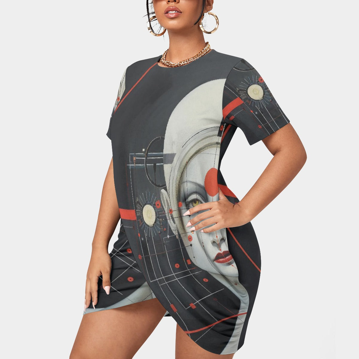 All-Over Print Women’s Stacked Hem Dress With Short Sleeve（Plus Size）