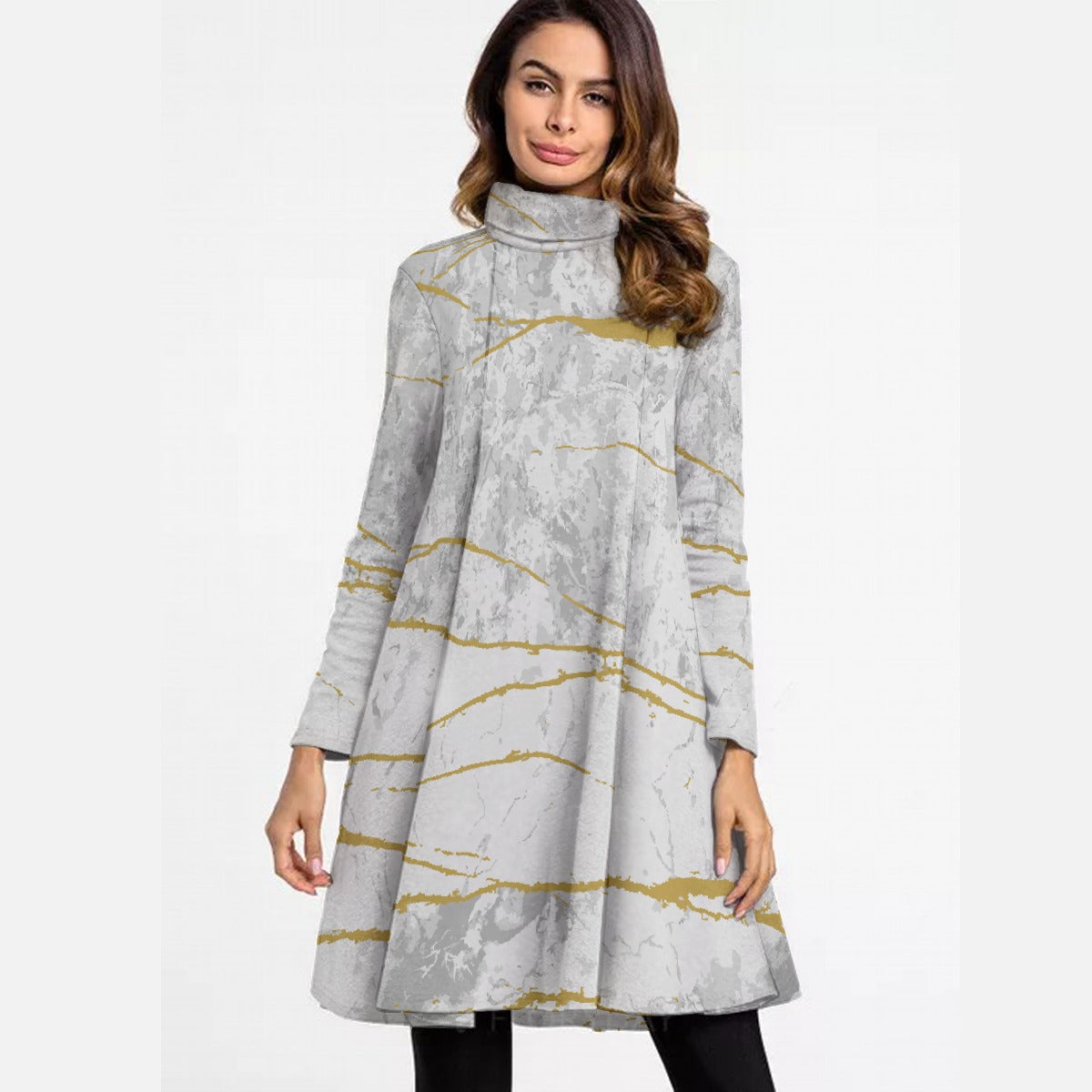 All-Over Print Women's High Neck Dress With Long Sleeve