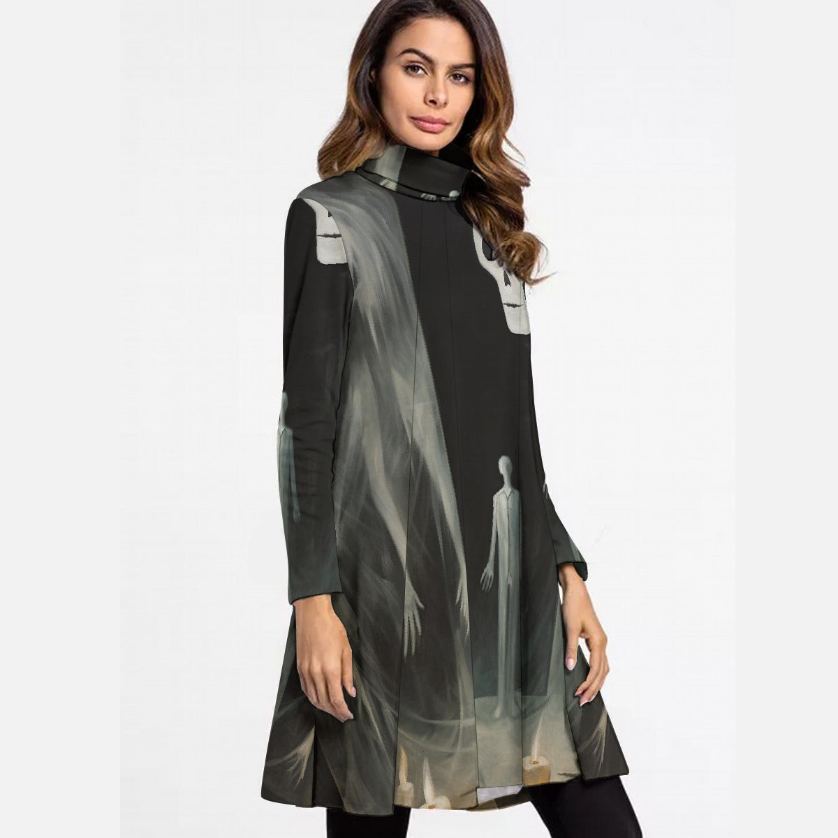 All-Over Print Women's High Neck Dress With Long Sleeve