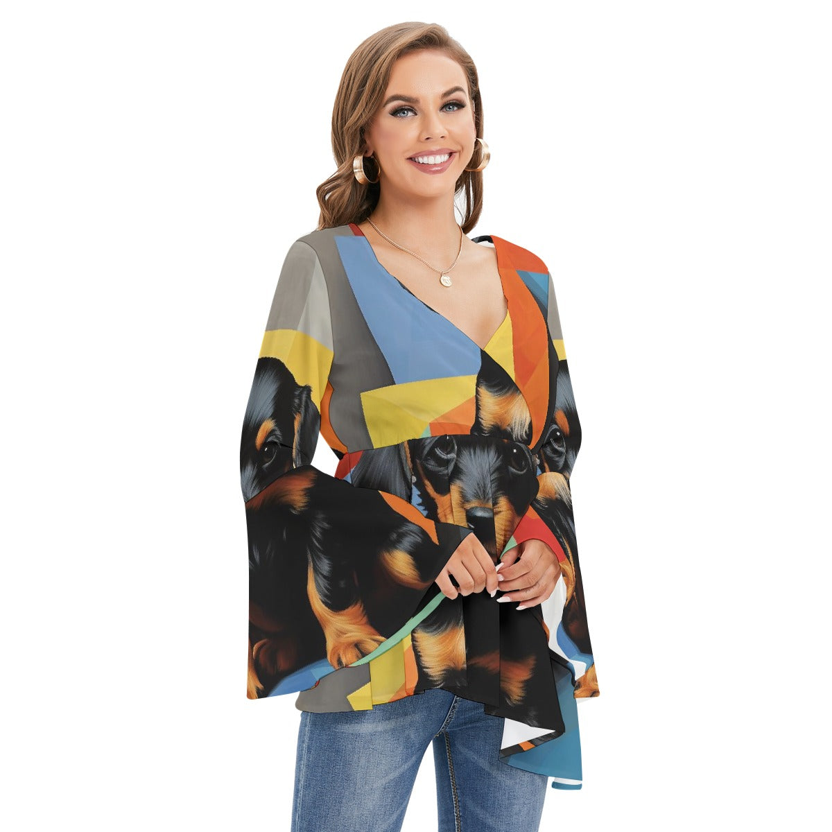 All-Over Print Women's V-neck Blouse With Flared Sleeves