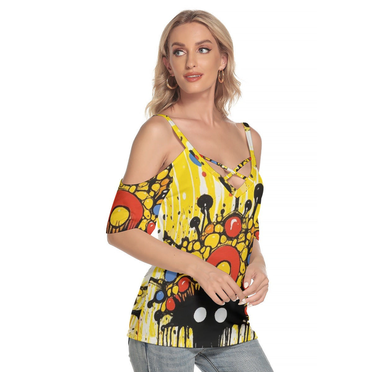 All-Over Print Women's Cold Shoulder T-shirt With Criss Cross Strips