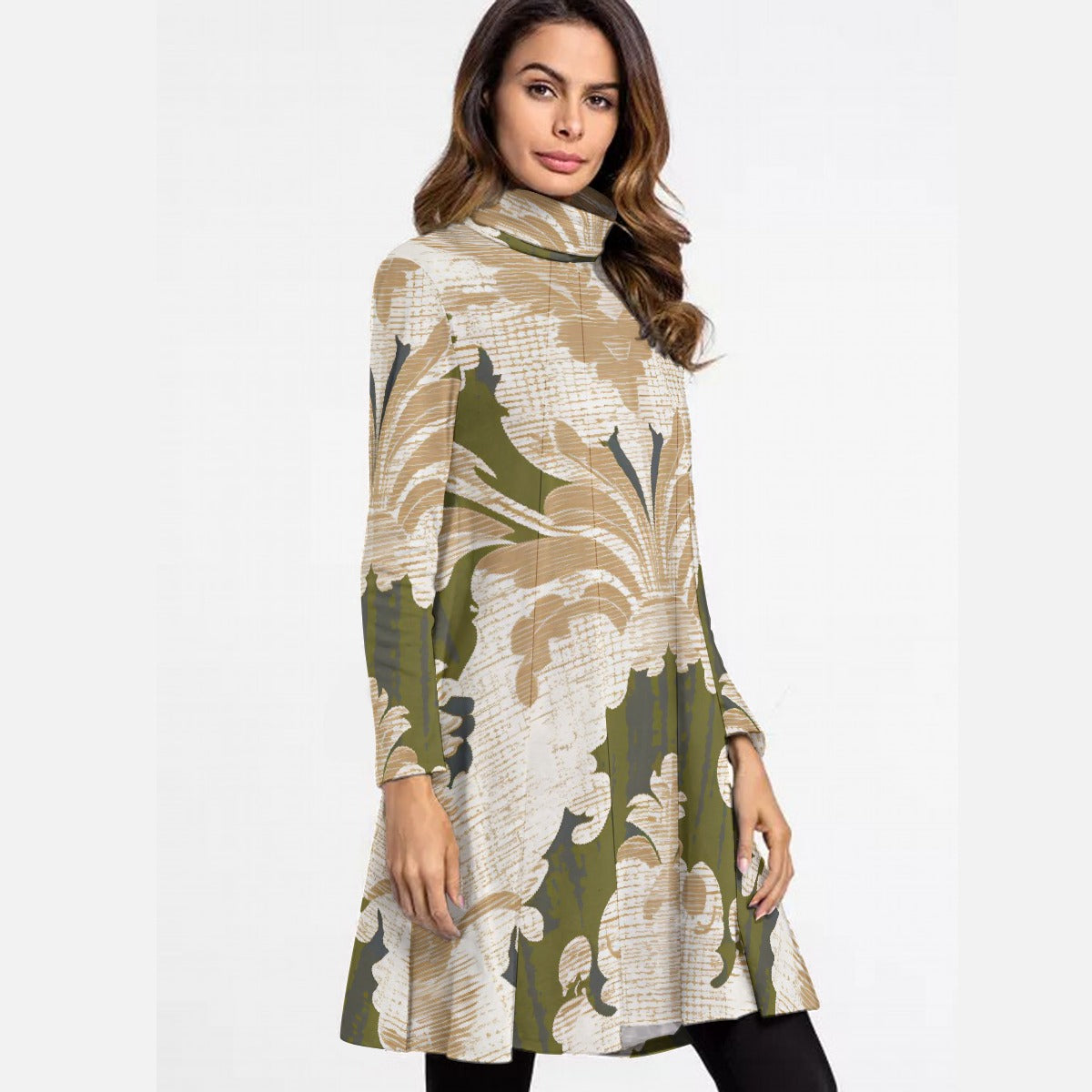 All-Over Print Women's High Neck Dress With Long Sleeve