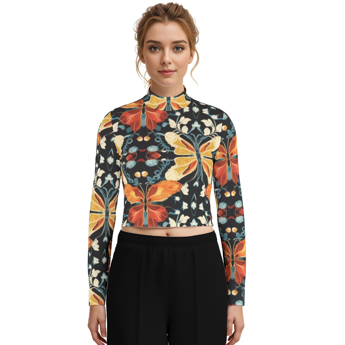 Eco-Friendly All-Over Print Women's Turtleneck T-shirt With Long Sleeve