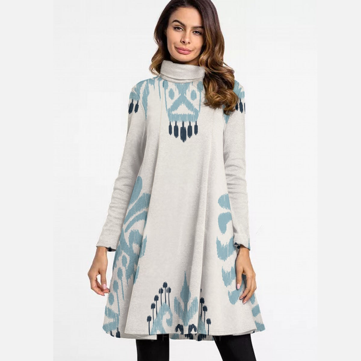 All-Over Print Women's High Neck Dress With Long Sleeve