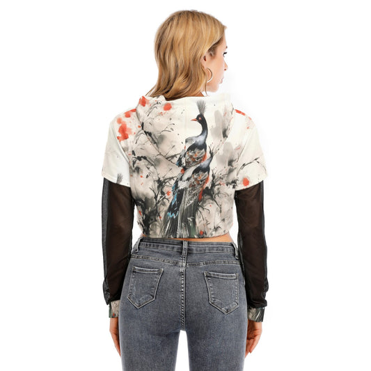 All-Over Print Women's Fake Two-piece Mesh Sleeve Cropped Hoodie